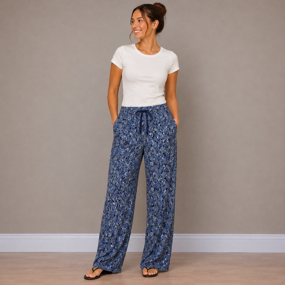 Athleta Blue Camo Print Wide Leg Crop Pants Drawstring Waist Size 14
